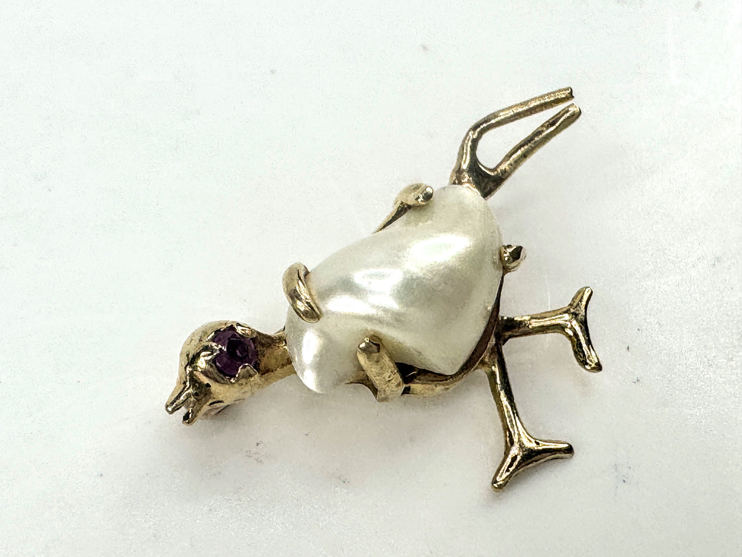 Mid Century 14K yelllow Gold Baroque Pearl Bird Brooch Pin 24mm JR1713
