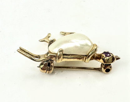 Mid Century 14K yelllow Gold Baroque Pearl Bird Brooch Pin 24mm JR1713
