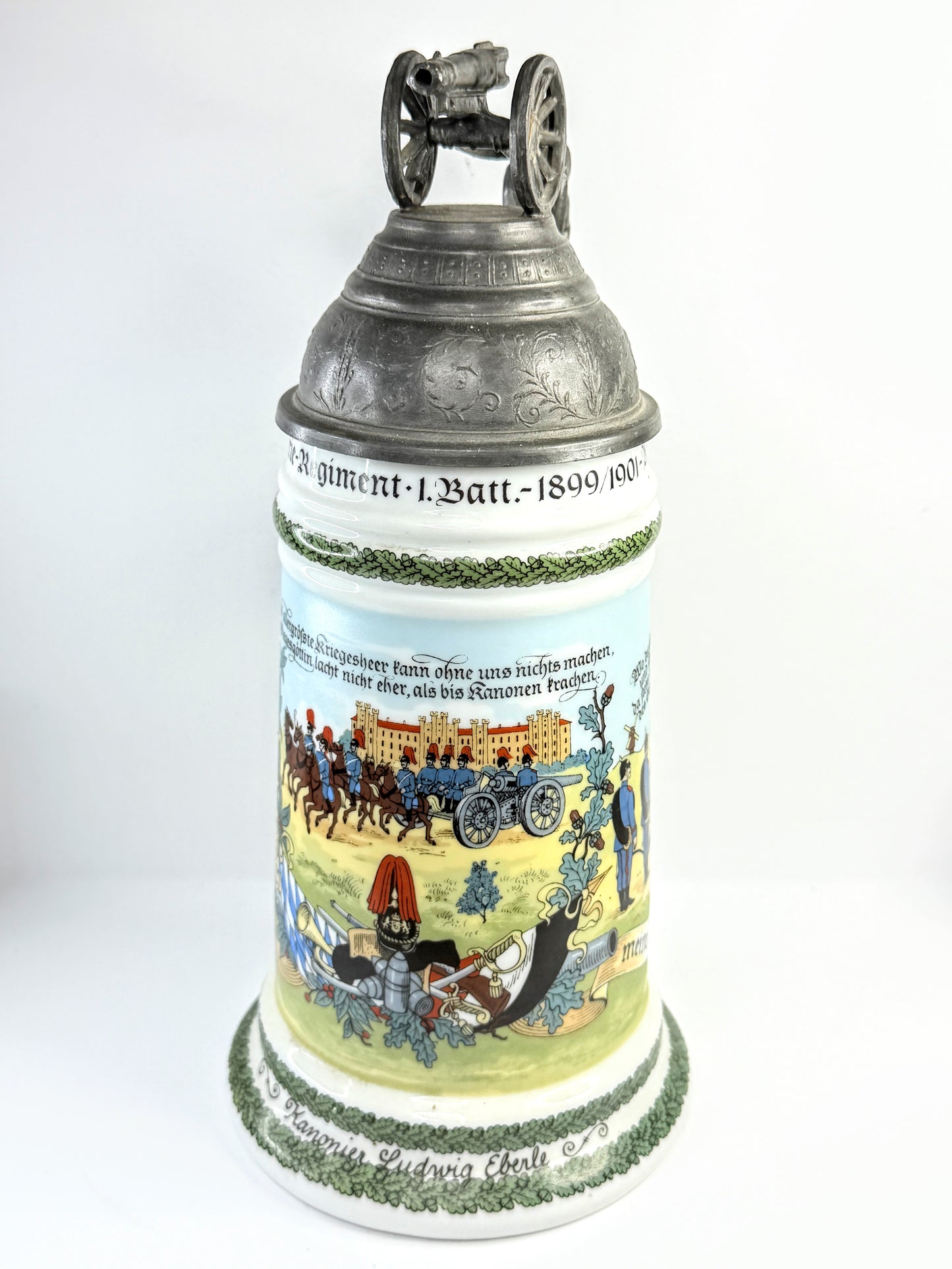 Vintage German Military Beer Stein Munich Artillery Pewter Lid A923
