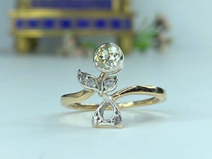 20th Century French 0.4ct Old Euro cut Diamond 15ct Belle Epoque Floral Ring JR9964