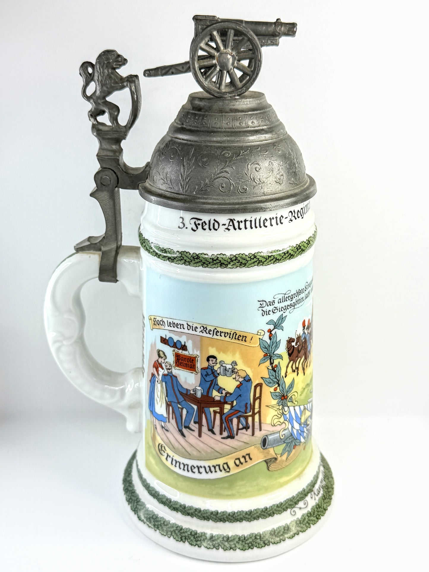 Vintage German Military Beer Stein Munich Artillery Pewter Lid A923