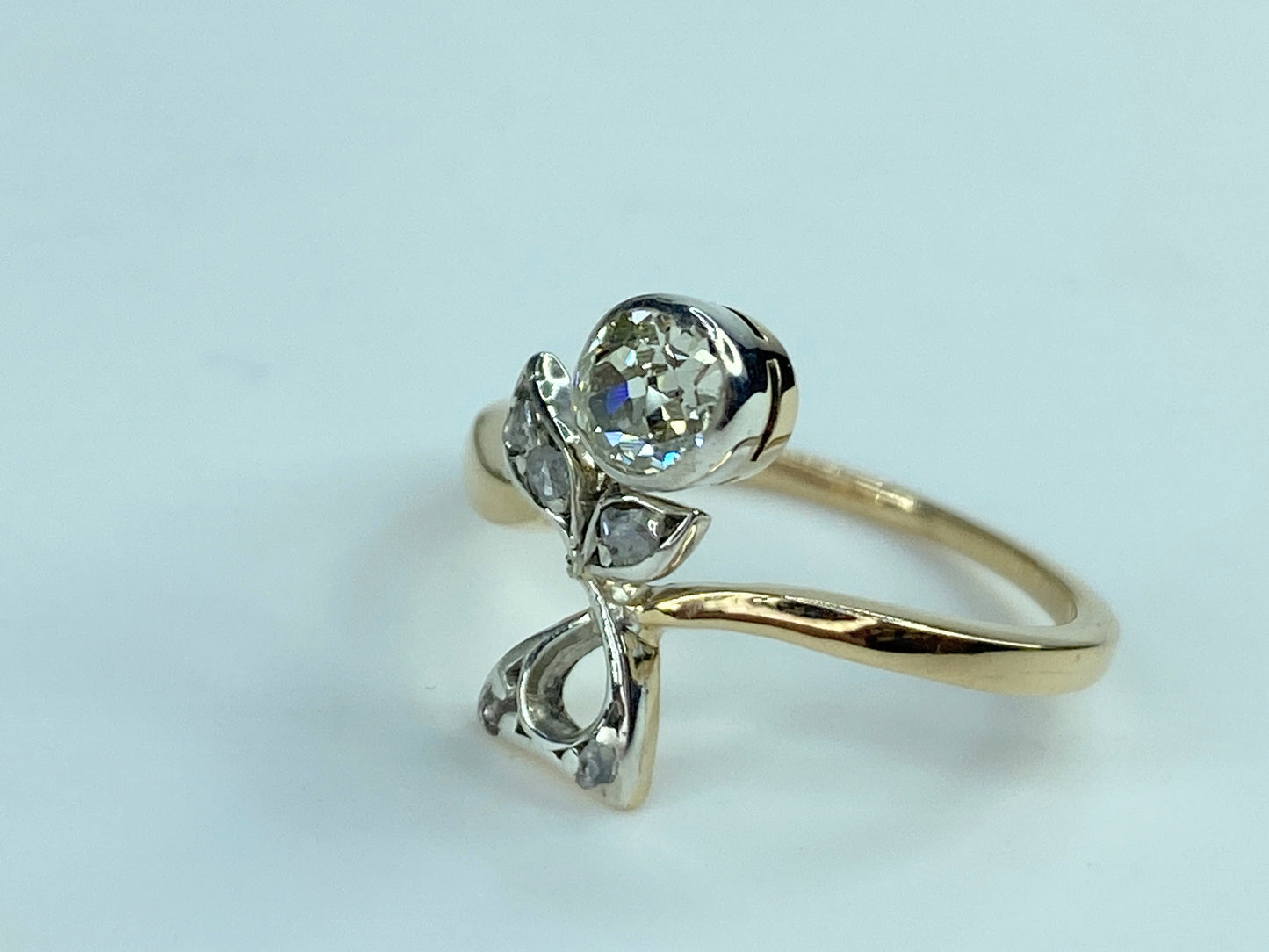 20th Century French 0.4ct Old Euro cut Diamond 15ct Belle Epoque Floral Ring JR9964