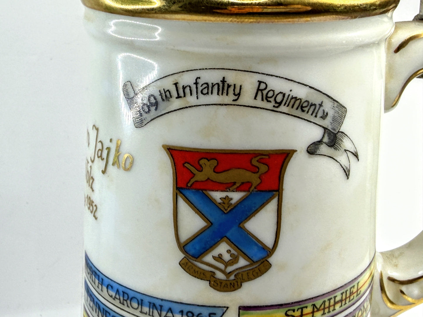 Vintage Military Regimental Beer Stein Pewter Lid Infantry A924