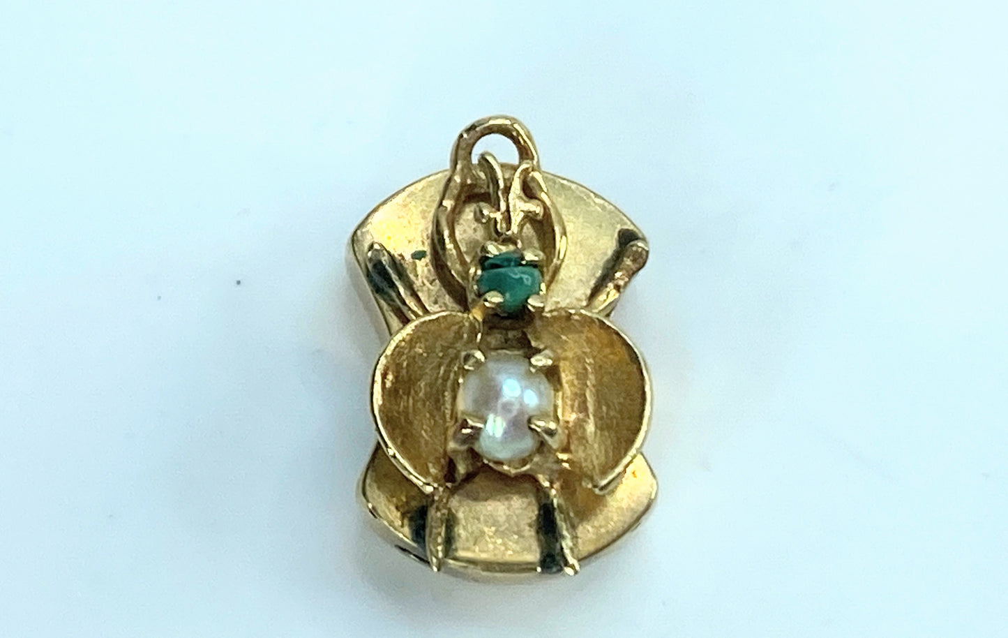 14K yellow gold Flying insect pearl Turquoise sliding charm 4.3g JR9162