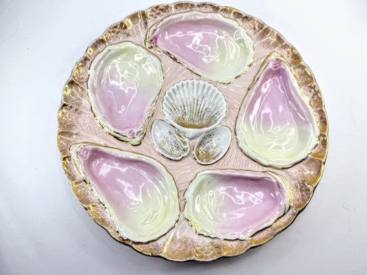 Mid-Century Japan Pink Green Gilt Six-Well Majolica Oyster Seafood Plate A973