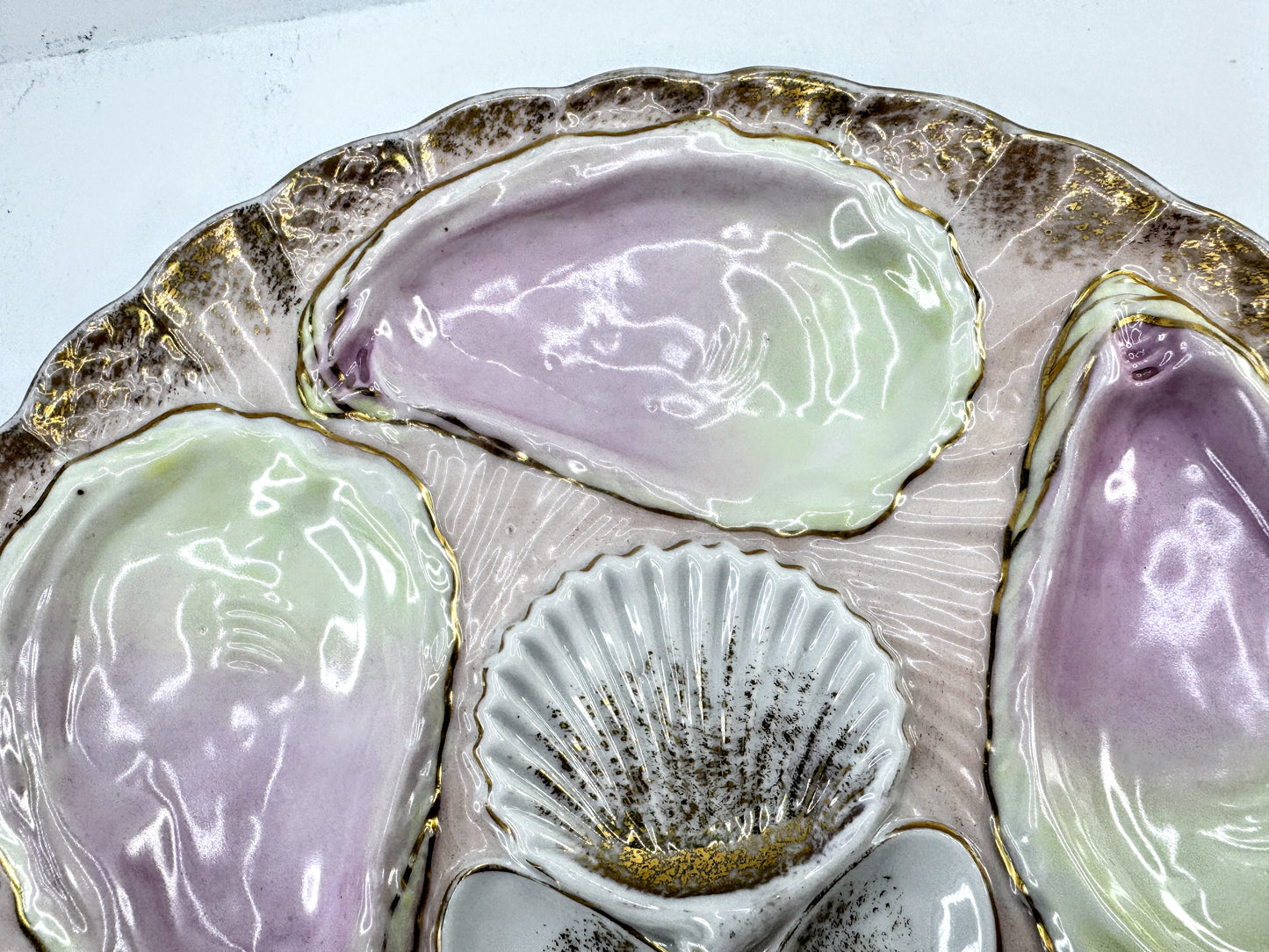 Mid-Century Japan Pink Green Gilt Six-Well Majolica Oyster Seafood Plate A973