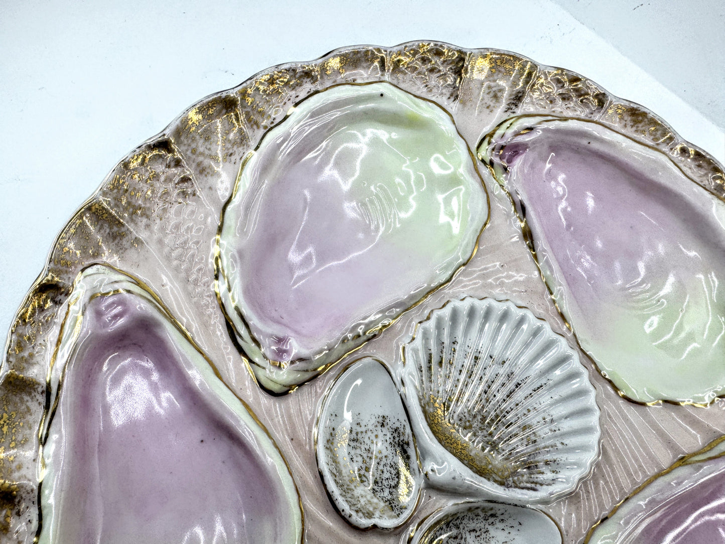 Mid-Century Japan Pink Green Gilt Six-Well Majolica Oyster Seafood Plate A973
