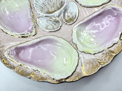 Mid-Century Japan Pink Green Gilt Six-Well Majolica Oyster Seafood Plate A973