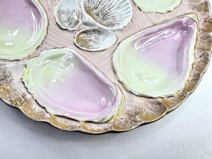 Mid-Century Japan Pink Green Gilt Six-Well Majolica Oyster Seafood Plate A973