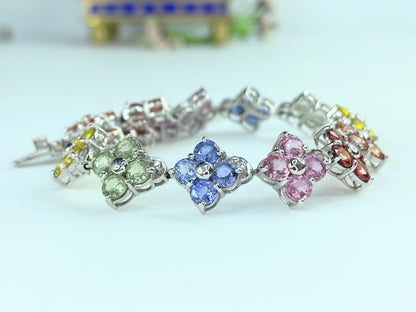 Birmingham Hallmark 9ct Vari Hue Sapphire quatrefoil gems bracelet 7.25" JR9966