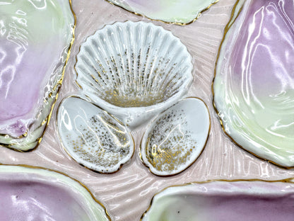 Mid-Century Japan Pink Green Gilt Six-Well Majolica Oyster Seafood Plate A973