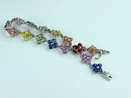 Birmingham Hallmark 9ct Vari Hue Sapphire quatrefoil gems bracelet 7.25" JR9966