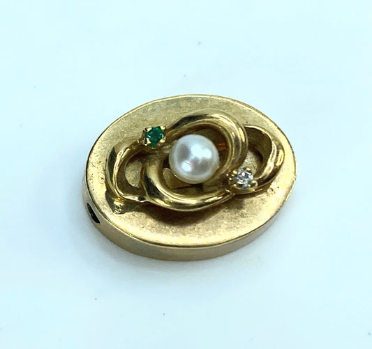 Vintage 14k yellow Cultured Pearl Emerald Diamond sliding charm JR9164