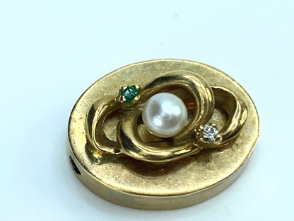 Vintage 14k yellow Cultured Pearl Emerald Diamond sliding charm JR9164