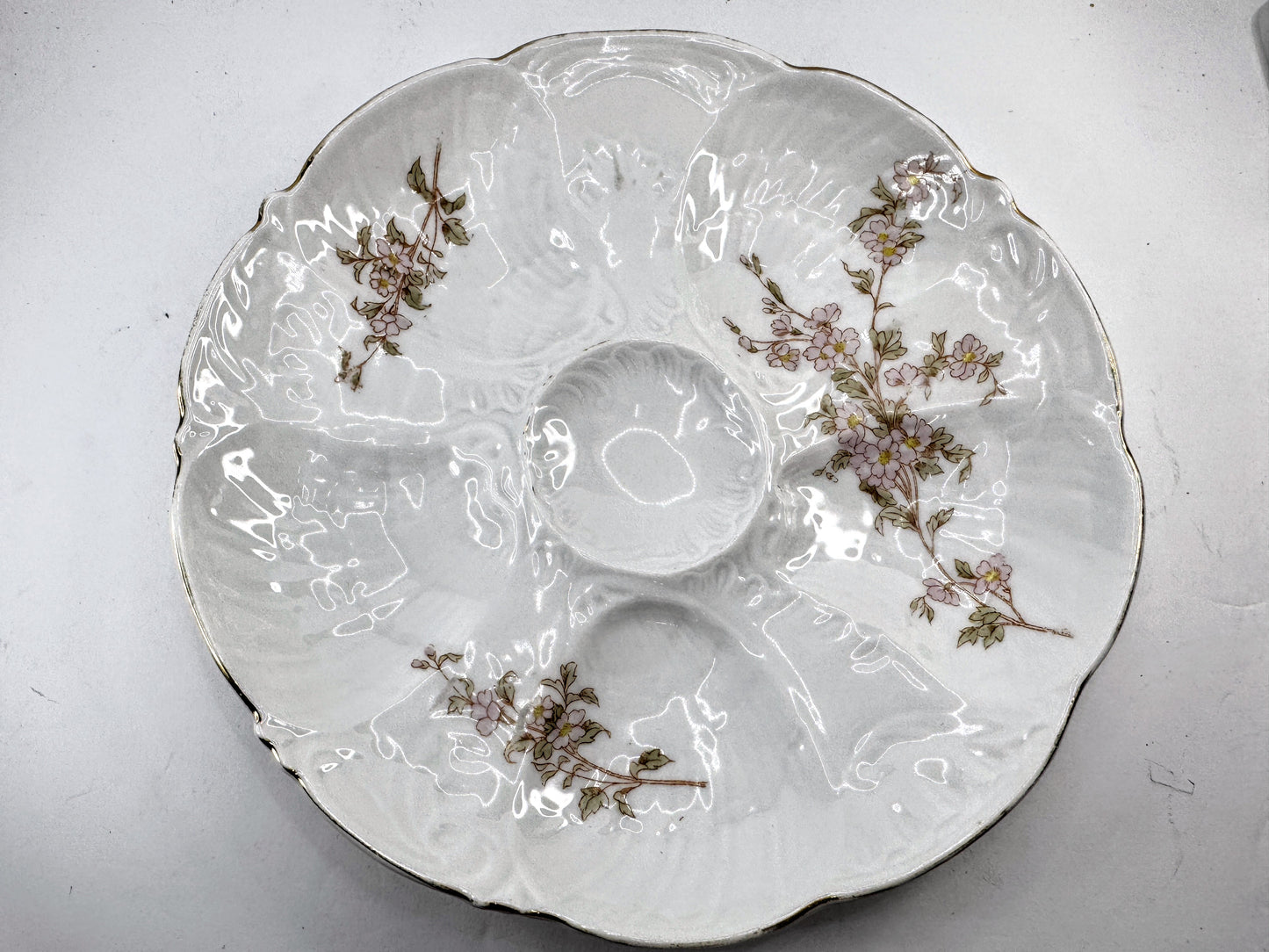 Antique French Pink Floral Porcelain Scalloped Five Well Oyster Serving A968