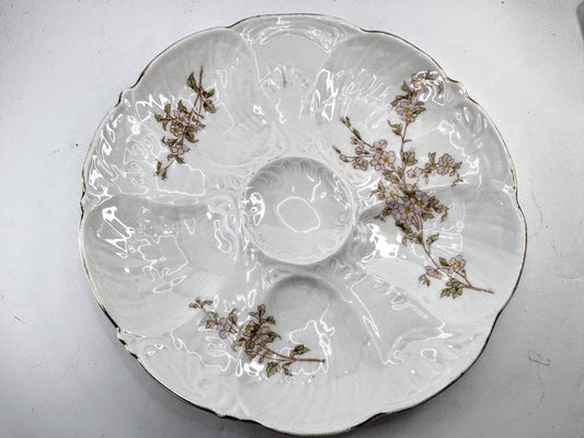 Antique French Pink Floral Porcelain Scalloped Five Well Oyster Serving A968