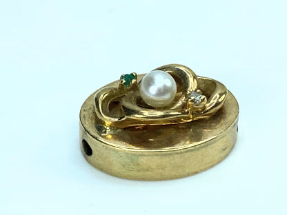 Vintage 14k yellow Cultured Pearl Emerald Diamond sliding charm JR9164