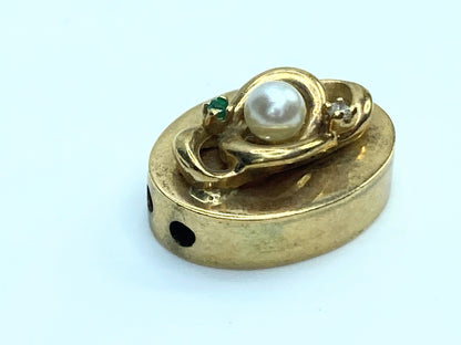 Vintage 14k yellow Cultured Pearl Emerald Diamond sliding charm JR9164