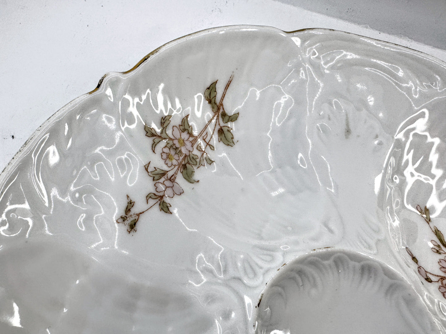 Antique French Pink Floral Porcelain Scalloped Five Well Oyster Serving A968