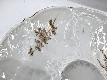 Antique French Pink Floral Porcelain Scalloped Five Well Oyster Serving A968