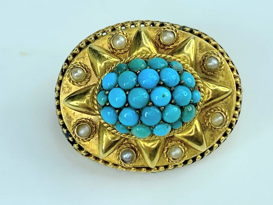 Antique 14k Victorian natural green/blue Turquoise Split Pearl Dome pin JR9968