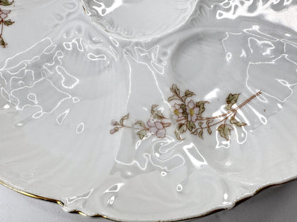 Antique French Pink Floral Porcelain Scalloped Five Well Oyster Serving A968