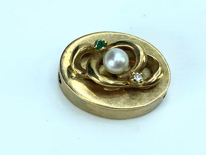 Vintage 14k yellow Cultured Pearl Emerald Diamond sliding charm JR9164