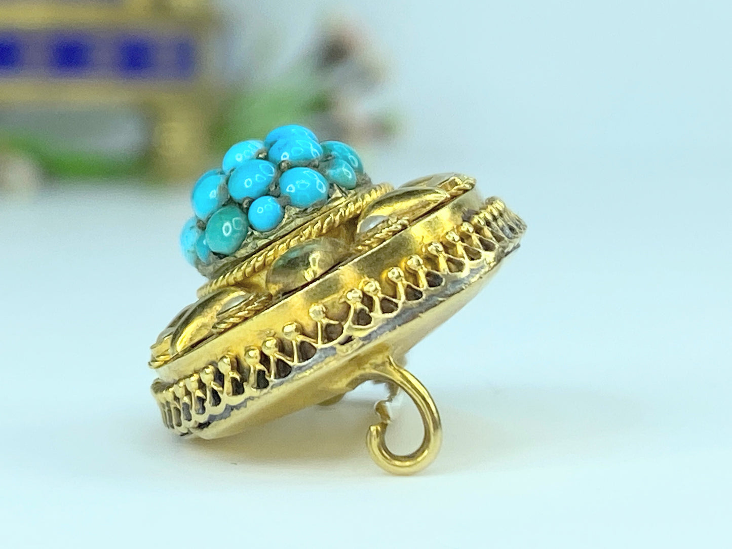 Antique 14k Victorian natural green/blue Turquoise Split Pearl Dome pin JR9968