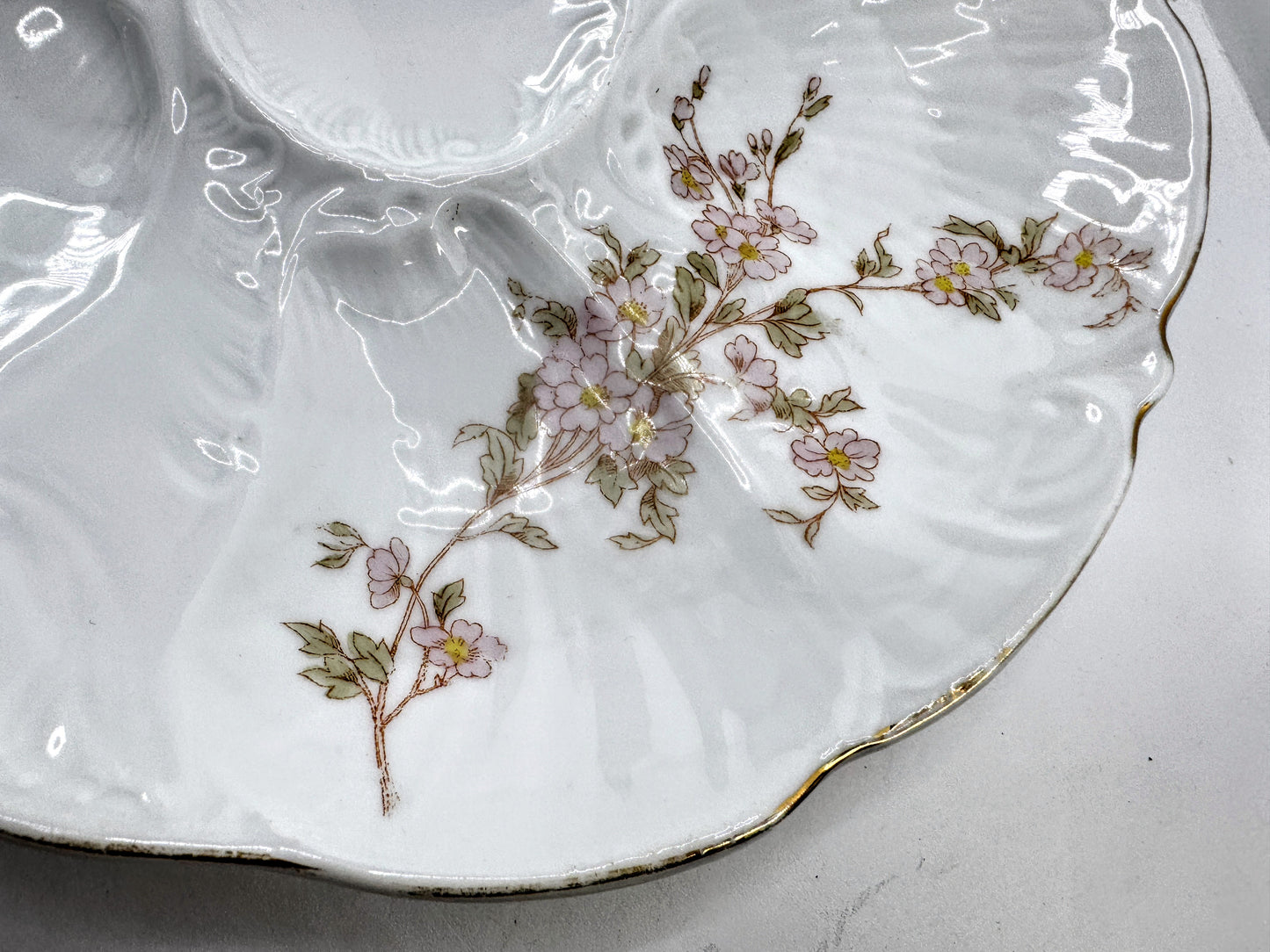 Antique French Pink Floral Porcelain Scalloped Five Well Oyster Serving A968
