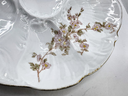 Antique French Pink Floral Porcelain Scalloped Five Well Oyster Serving A968