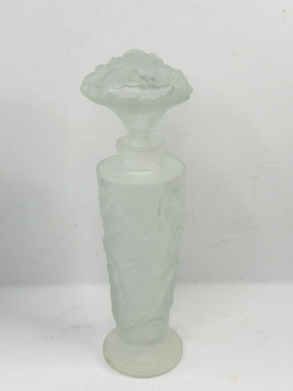 Vintage Frosted Glass Perfume Bottle Floral Stopper France A928