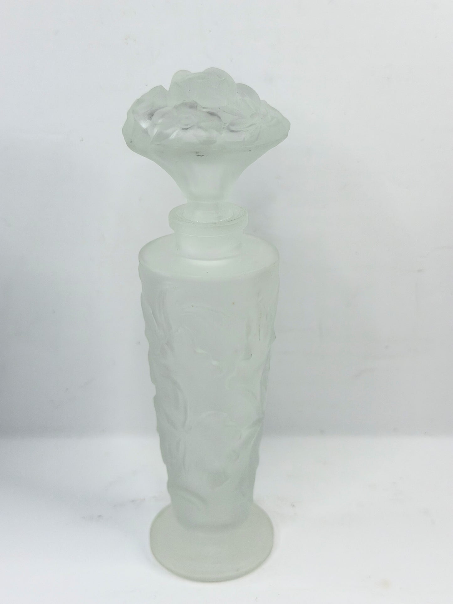 Vintage Frosted Glass Perfume Bottle Floral Stopper France A928