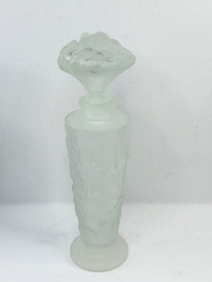 Vintage Frosted Glass Perfume Bottle Floral Stopper France A928