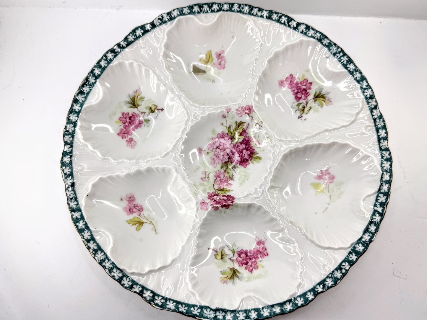 Antique Victoria Carlsbad Austria Pink Floral Teal Rim Oyster Plate 8.75" A970