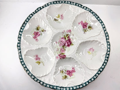 Antique Victoria Carlsbad Austria Pink Floral Teal Rim Oyster Plate 8.75" A970