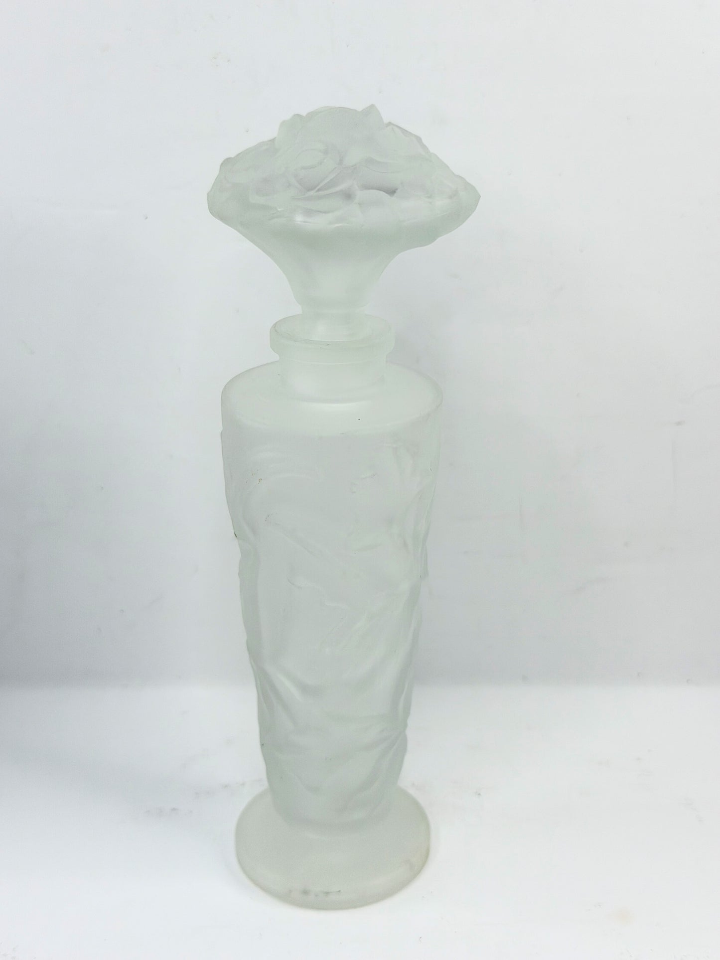 Vintage Frosted Glass Perfume Bottle Floral Stopper France A928