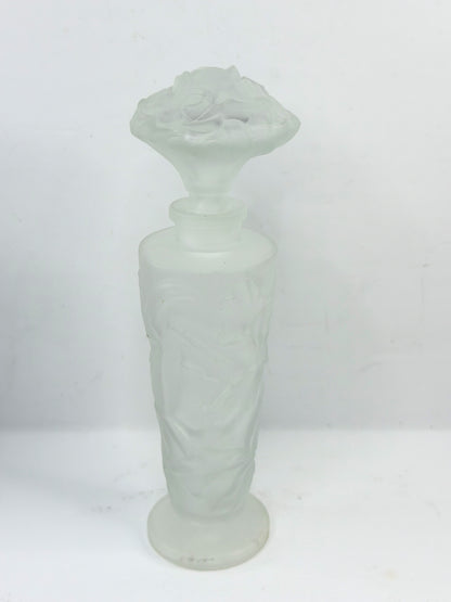 Vintage Frosted Glass Perfume Bottle Floral Stopper France A928