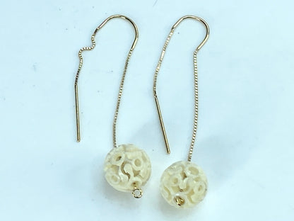 Hand carved reticulate pierced Bone ball in 14K box threader earrings JR9167