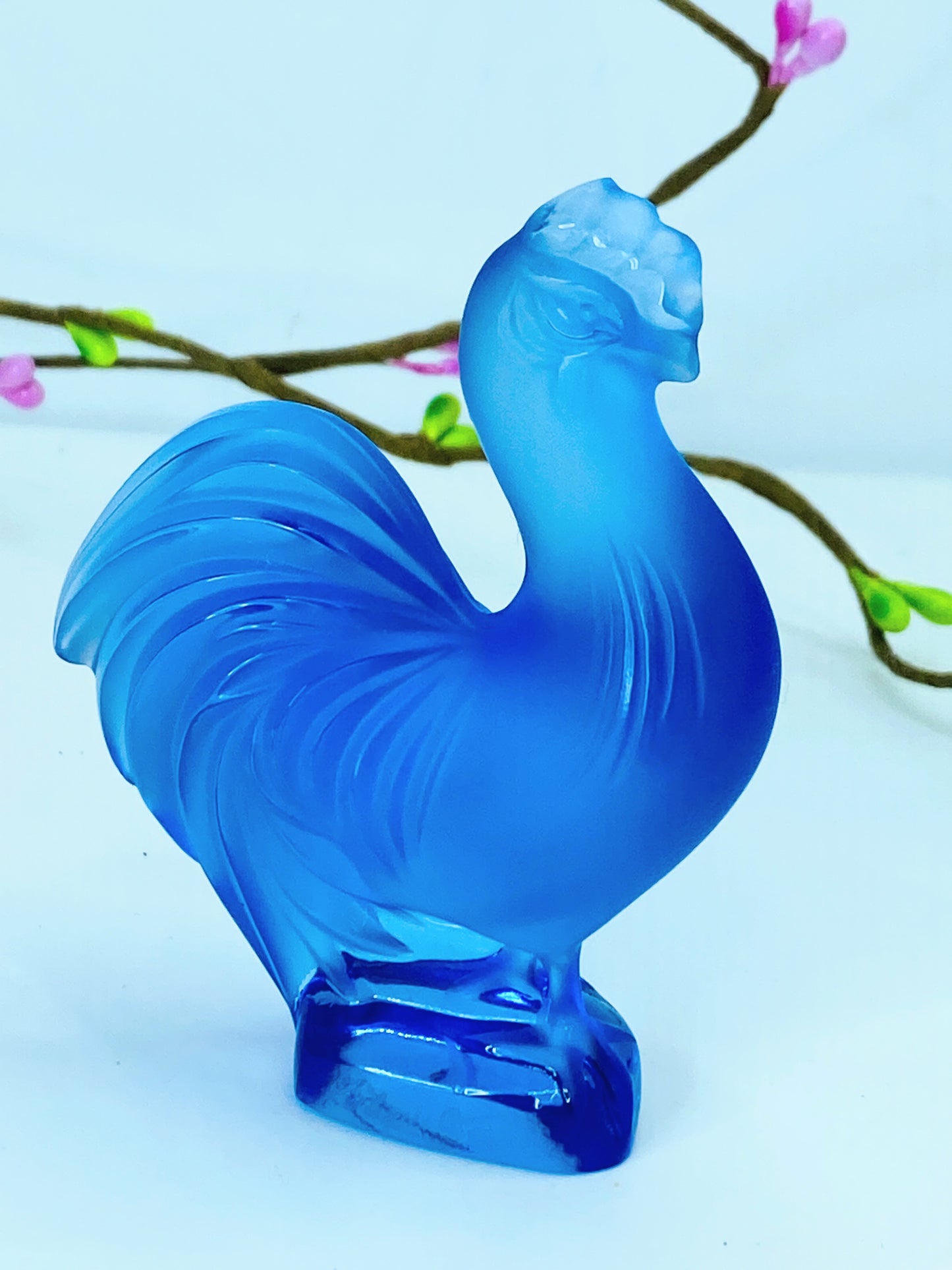 Lalique Creve-Coeur Blue Crystal Rooster Glass Figurine Signed France A468