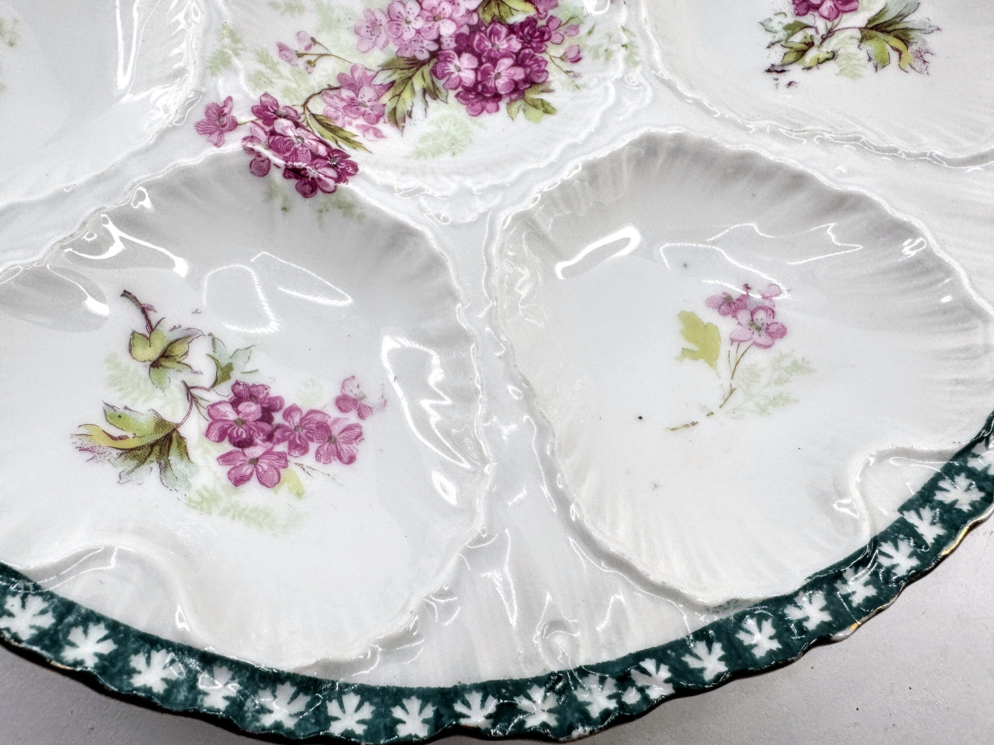 Antique Victoria Carlsbad Austria Pink Floral Teal Rim Oyster Plate 8.75" A970