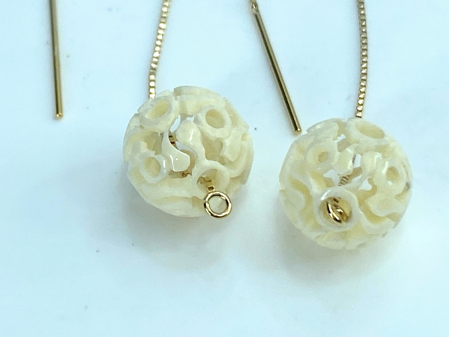 Hand carved reticulate pierced Bone ball in 14K box threader earrings JR9167