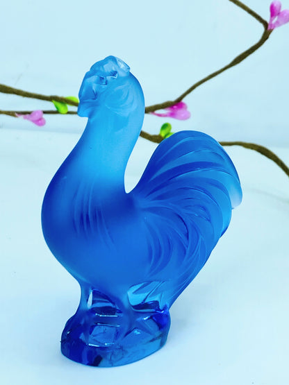 Lalique Creve-Coeur Blue Crystal Rooster Glass Figurine Signed France A468
