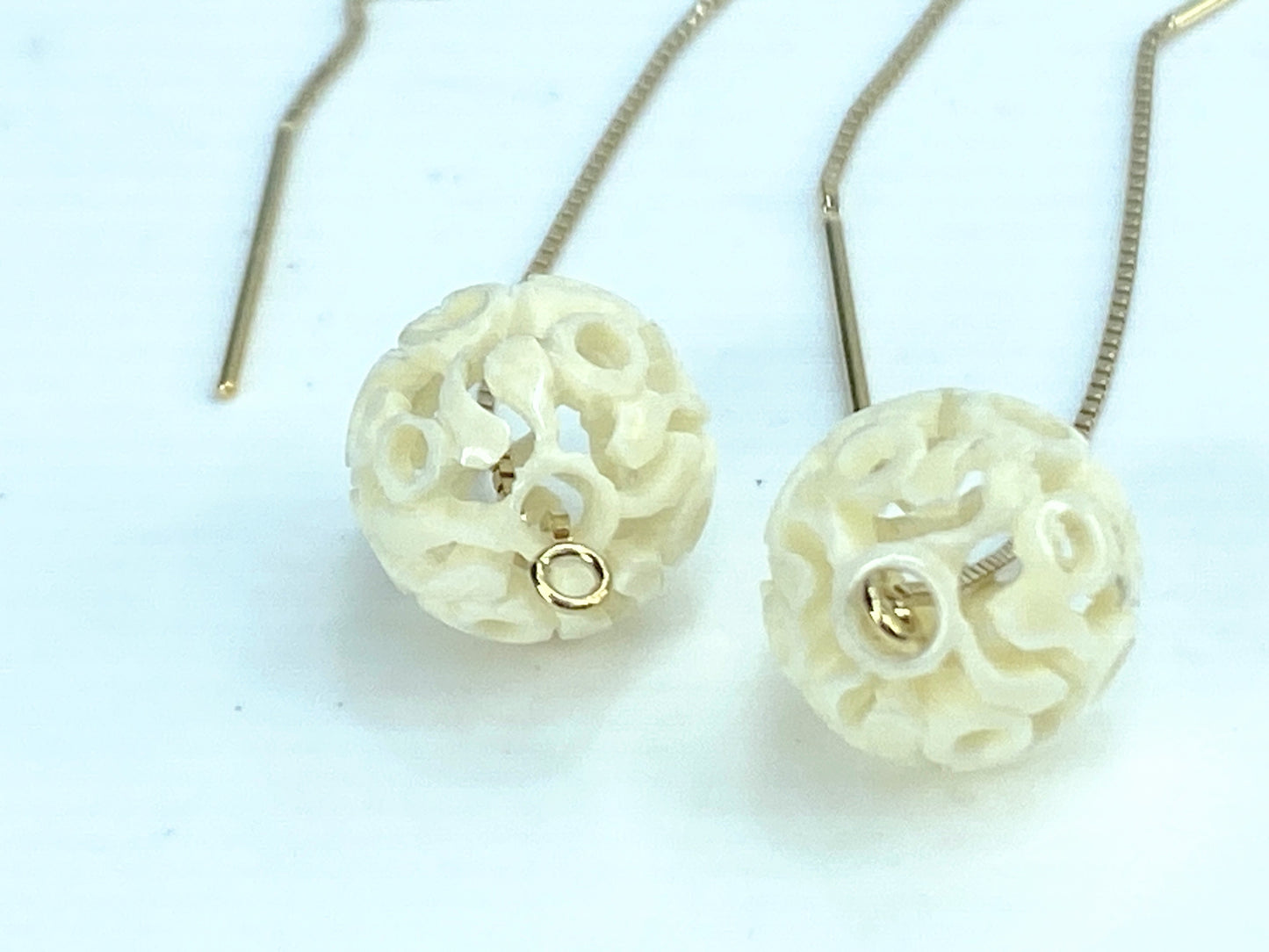 Hand carved reticulate pierced Bone ball in 14K box threader earrings JR9167