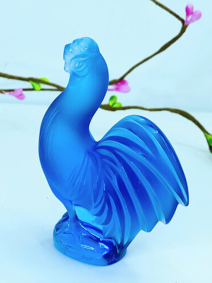 Lalique Creve-Coeur Blue Crystal Rooster Glass Figurine Signed France A468
