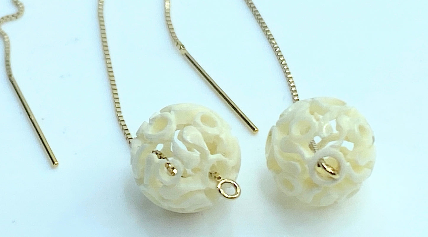 Hand carved reticulate pierced Bone ball in 14K box threader earrings JR9167