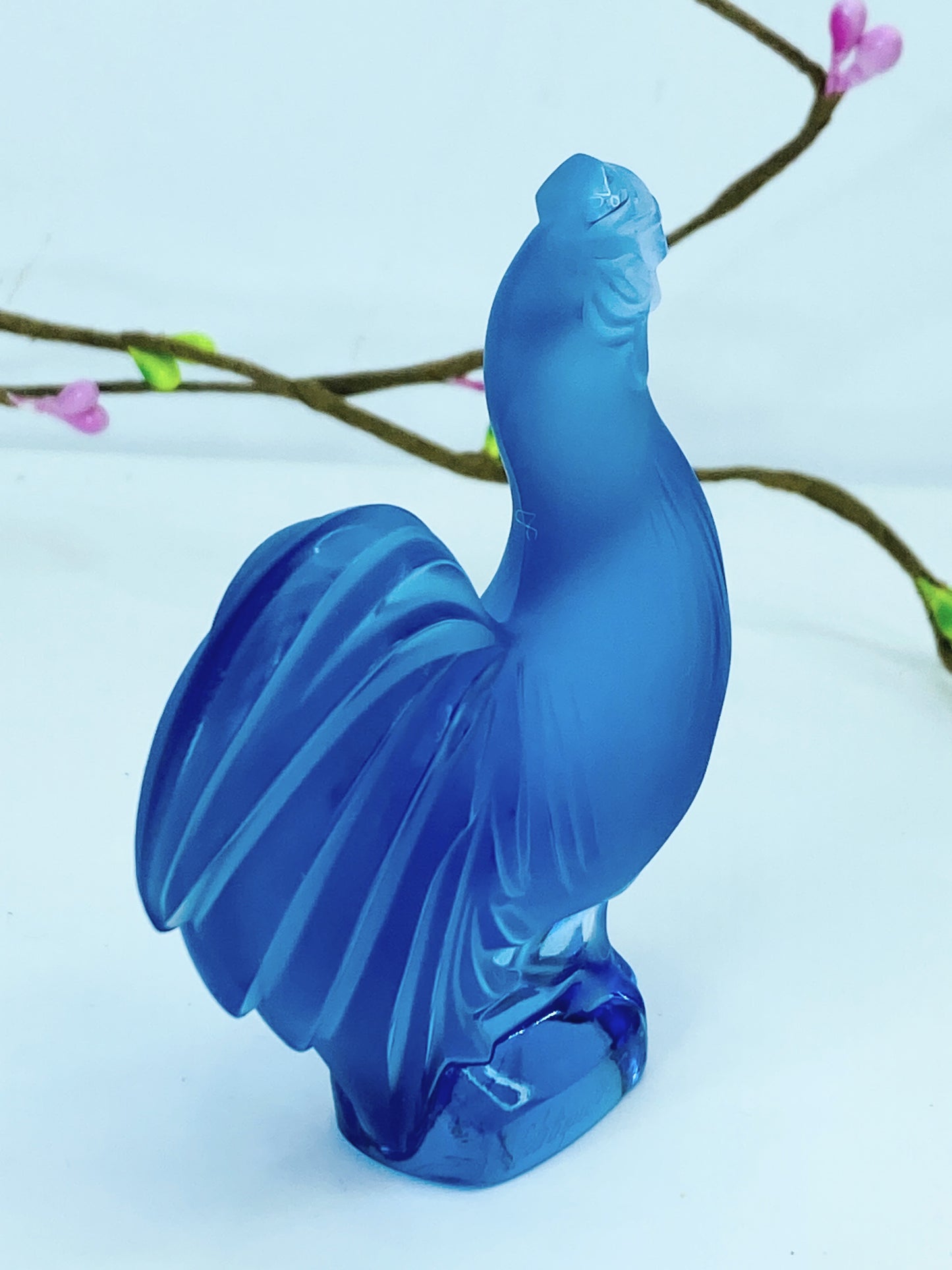 Lalique Creve-Coeur Blue Crystal Rooster Glass Figurine Signed France A468