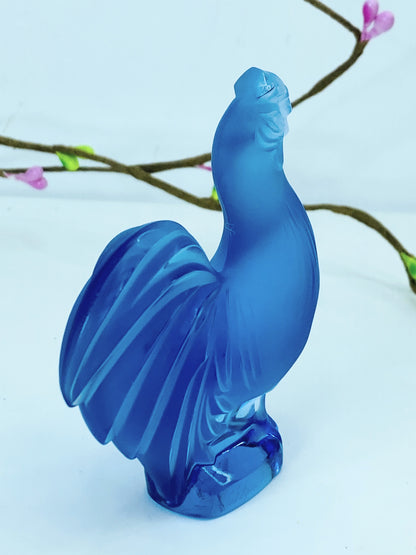 Lalique Creve-Coeur Blue Crystal Rooster Glass Figurine Signed France A468