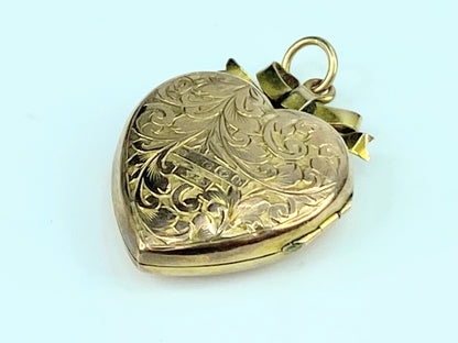 Edwardian Birmingham 1907s 9ct Back & Front Heart Ribbon bow Locket 4.3g JR9970