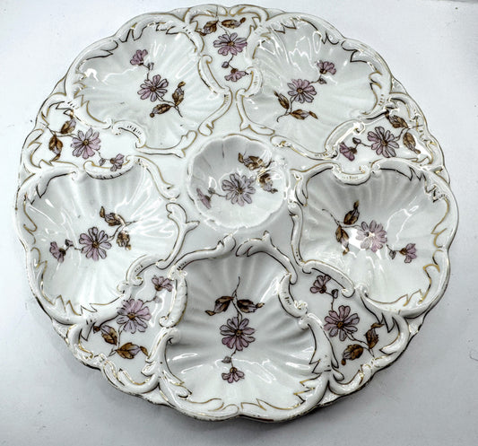 Antique Floral Porcelain Rococo Six Well Oyster Plate A974