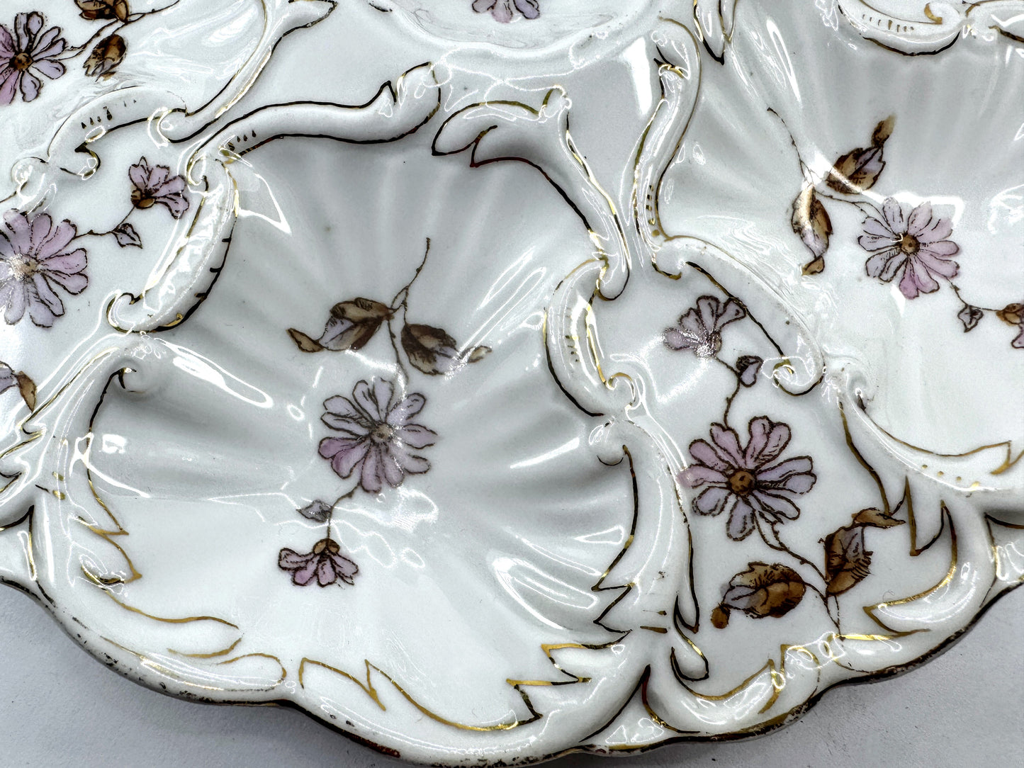 Antique Floral Porcelain Rococo Six Well Oyster Plate A974